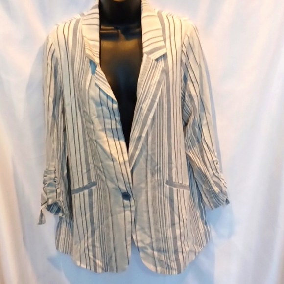 DREW Catalina Striped 3/4 Sleeve Linen Tie Sleeve Blazer Jacket M Blue White - Picture 1 of 6